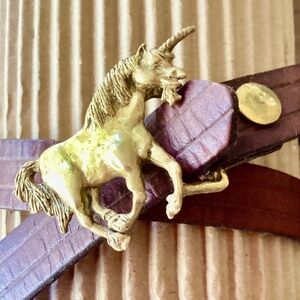 Brass Unicorn Belt Buckle with Hand Tooled Cowhide Leather Belt